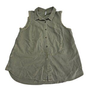 Free People Women's Olive Green Linen Blend Sleeveless Button Shirt Top, Size S